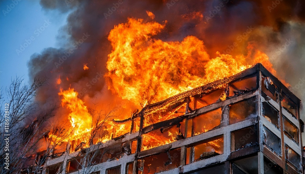 A building on the verge of collapse after a fire breaks out, with flames rising from gaps in the walls and debris falling.