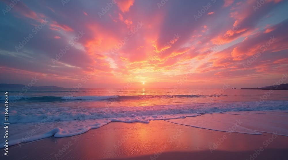 Fototapeta premium With a wide-angle view of tranquil beach horizon, vibrant colors of sunset paint sky in a breathtaking display of oranges, pinks, and purples