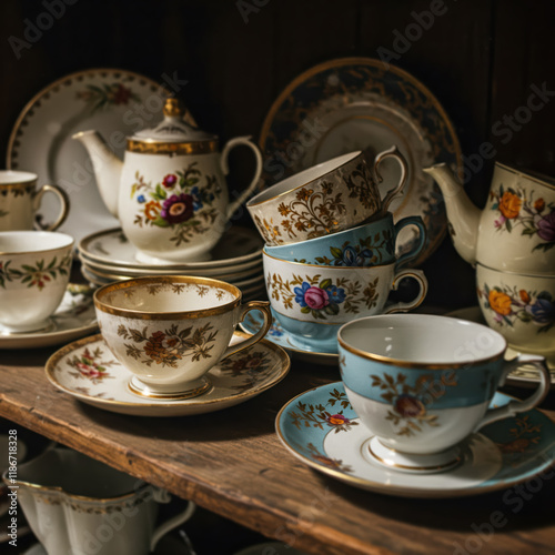 The image features a collection of vintage teacups, saucers, and a teapot with floral designs photo