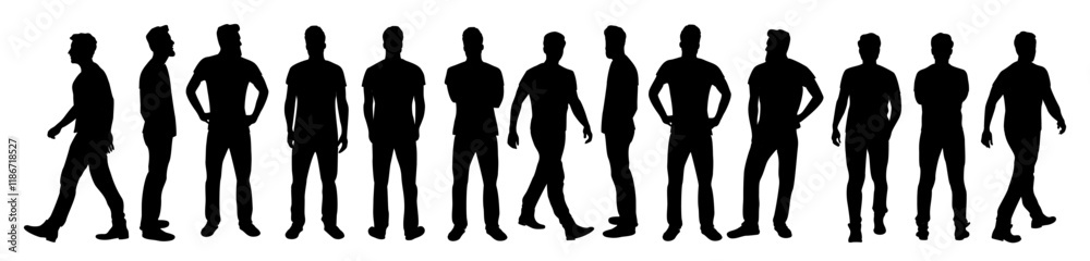 Set of casual man character in different poses silhouettes. Black monochrome icons of people standing, walking side, front, rear view. Vector illustrations isolated on transparent background. Set of casual man character in different poses silhouettes. Black monochrome icons of people standing, walking side, front, rear view. Vector illustrations isolated on transparent background.