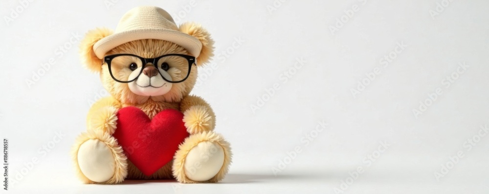 Fototapeta premium Teddy bear wearing glasses and hat with red heart on a white background, hat, design