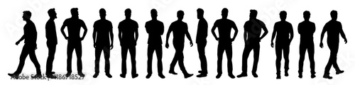 Set of casual man character in different poses silhouettes. Black monochrome icons of people standing, walking side, front, rear view. Vector illustrations isolated on transparent background.