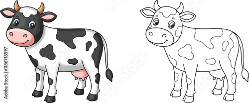 Cute Cow Coloring Page: Black and White Illustration 