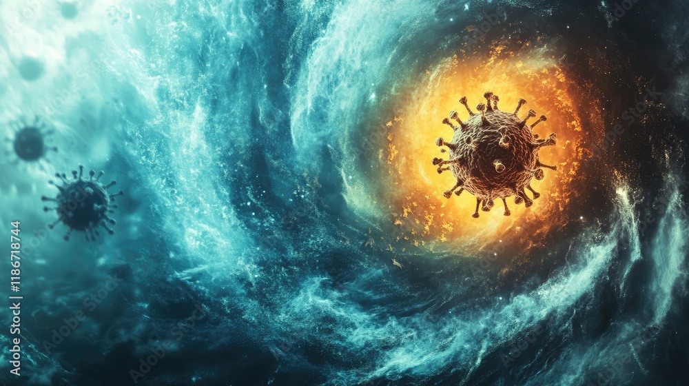Fototapeta premium Swirling vortex of virus particles in a storm, [chaos, health crisis], dramatic representation of the pandemicâ€™s impact