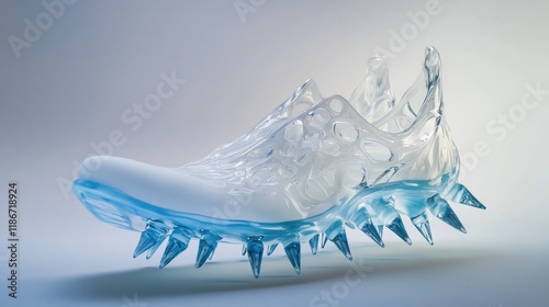 A unique glass artwork featuring a shoe with spikes photo