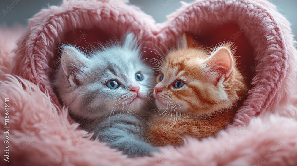 Two cute kittens with a blanket heart Valentine’s Day Two cute kittens with a blanket heart Valentine’s Day
