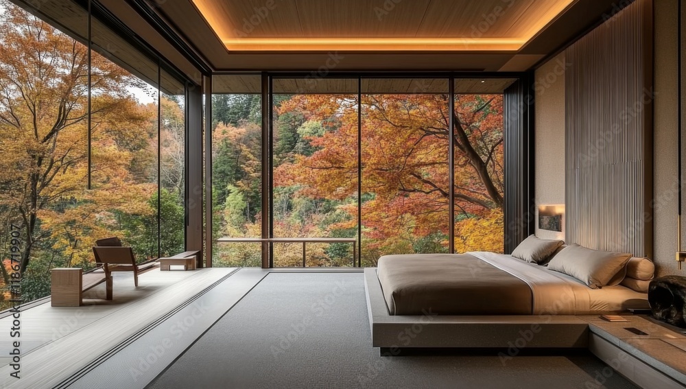 Fototapeta premium Minimalist Bedroom with Large Windows and Japanese Zen-Inspired Style. Soft Lighting, Elegant Furniture, and Autumn Tree Views.