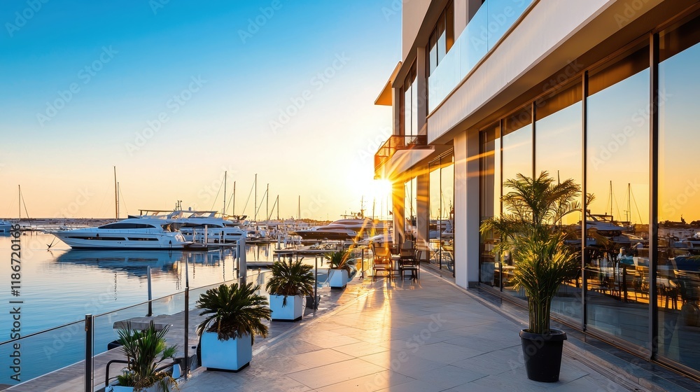 Fototapeta premium Sunset Yacht Marina Luxury Resort Terrace Golden Hour View