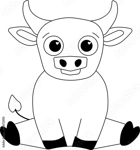 cute bull vector graphic line character. Cow, farm animal emblem. Drawing simple black and white  illustration on transparent background, chinese new year