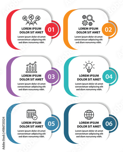 6 steps infographic template with 6 options. Flowchart that can be used for business report, data visualization and presentation. Timeline infographic elements vector illustration.