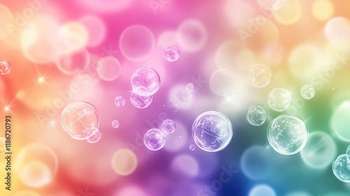 Transparent spheres in vivid rainbow colors floating on a soft gradient pastel background, mesmerizing and dreamy, colorful bubbles, abstract art