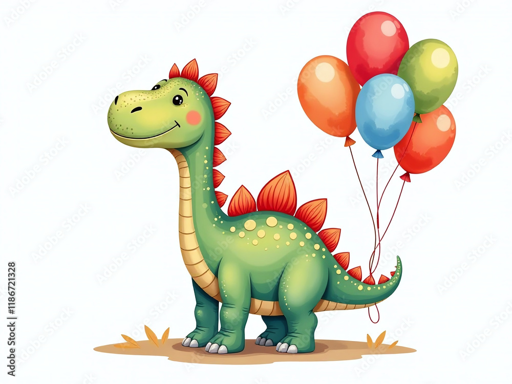 Fototapeta premium Colorful Dinosaur Surrounded By Balloons And Set Against A White Background In A Watercolor Illustration Style. 00001