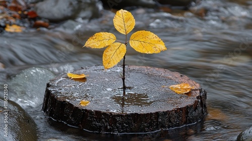 Serene Autumnal Scene: A Young Sprout on a Waterlogged Tree Stump in a Gently Flowing Stream photo