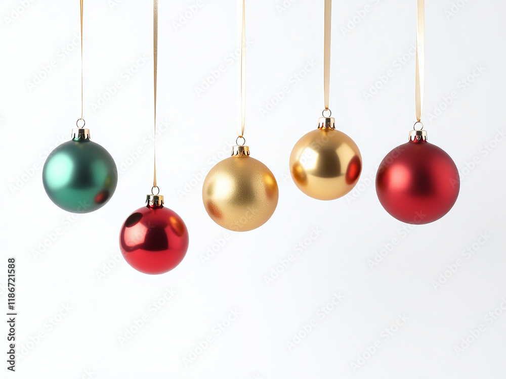Colorful Christmas Balls Hang Isolated On A Plain White Background With Delicate Ribbon Creating A Simple Festive Scene. 00001 Colorful Christmas Balls Hang Isolated On A Plain White Background With Delicate Ribbon Creating A Simple Festive Scene. 00001