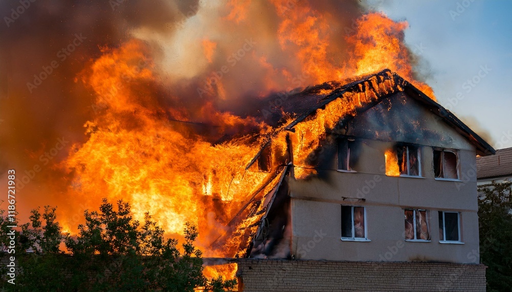 A building on the verge of collapse after a fire breaks out, with flames rising from gaps in the walls and debris falling.
