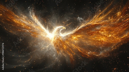 Fiery phoenix rising in cosmic space, rebirth symbol. photo