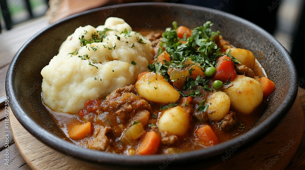 Hearty beef stew with mashed potatoes and dumplings. Hearty beef stew with mashed potatoes and dumplings.