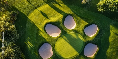 Aerial perspective of bunkers on a golf course featuring sand and a lush putting green. This aerial view highlights the beautiful contrast between the sand bunkers and the putting green area.