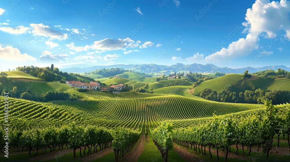 Fototapeta premium Sunlit Vineyard Rolling Hills Scenic Landscape Italian Countryside