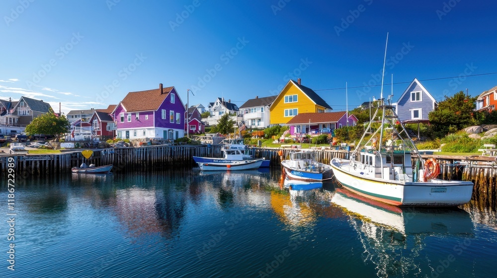 Colorful Houses Boats Sunny Day Quaint Fishing Village Coastal Charm Scenic Waterfront Colorful Houses Boats Sunny Day Quaint Fishing Village Coastal Charm Scenic Waterfront