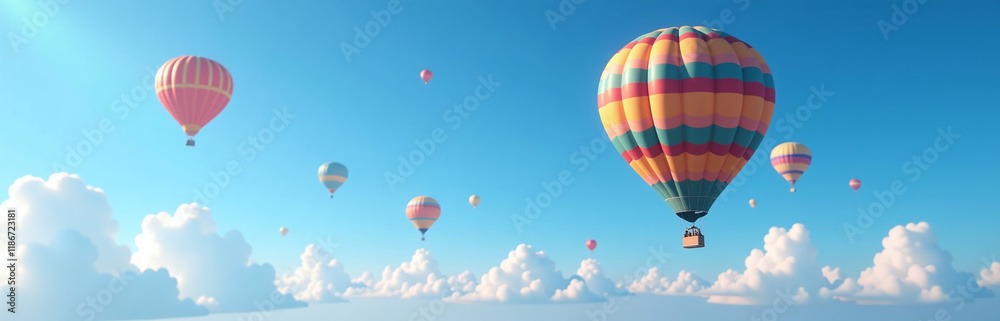 Naklejka premium Colorful Air Balloons Soar Above A Brilliant Blue Sky With Puffy White Clouds Drifting Lazily By In The Distance. 00001