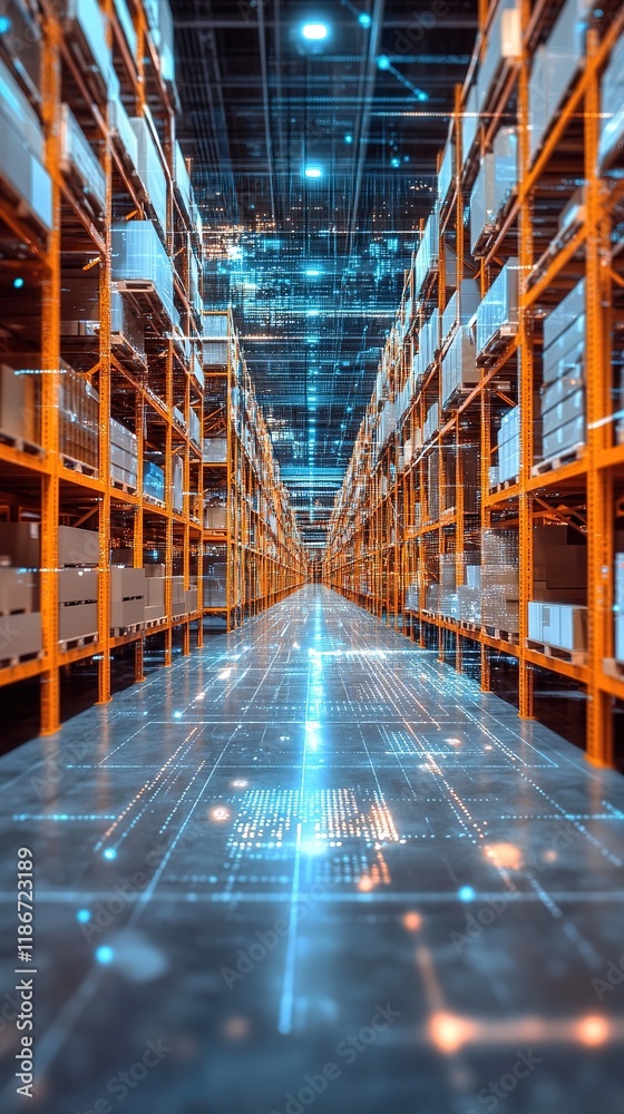 Futuristic Warehouse Automation: Abstract Marketing Background with Transparent Economic Data for Logistics Industry. High-Tech 32K AI-Generated Design Showcasing Industrial Efficiency and Transportat