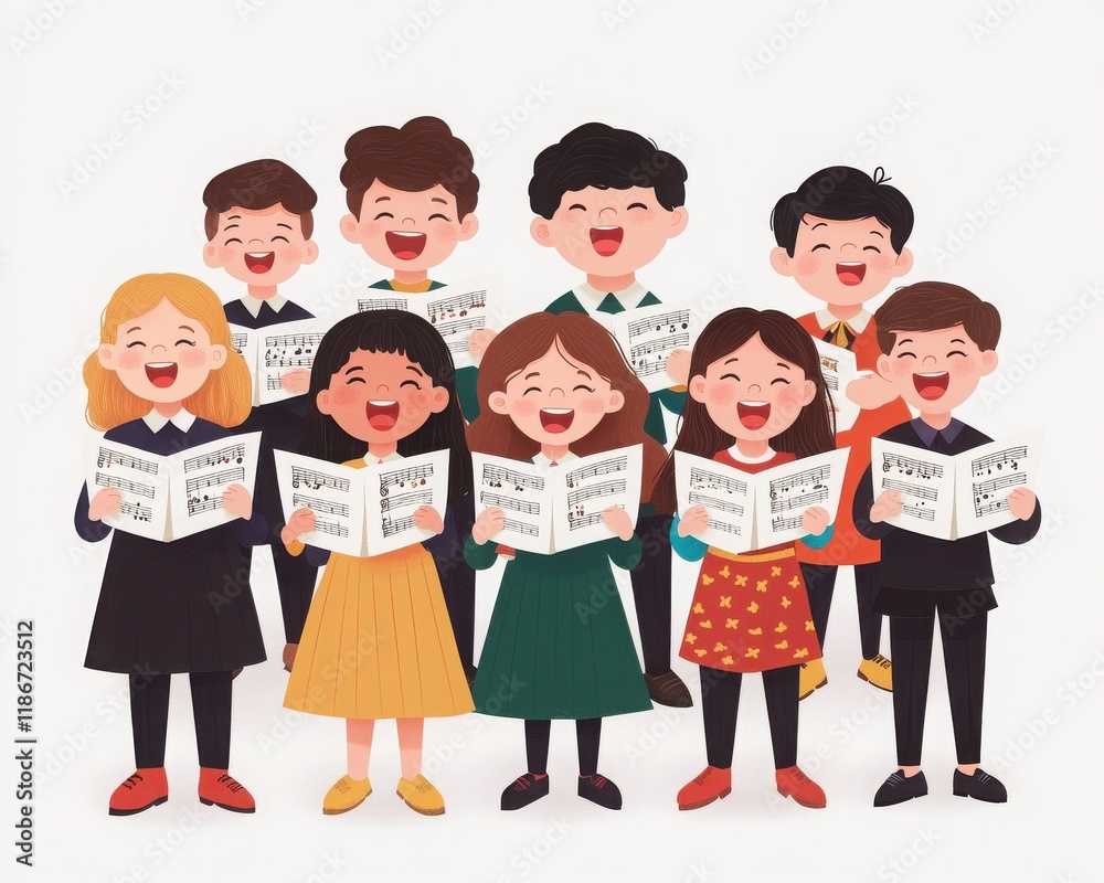 A joyful group of children singing together, holding music sheets, showcasing unity and enthusiasm for music. A joyful group of children singing together, holding music sheets, showcasing unity and enthusiasm for music.