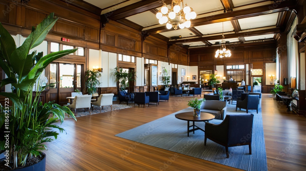 Elegant Hotel Lobby Interior Design with Wooden Walls and Comfortable Seating Elegant Hotel Lobby Interior Design with Wooden Walls and Comfortable Seating