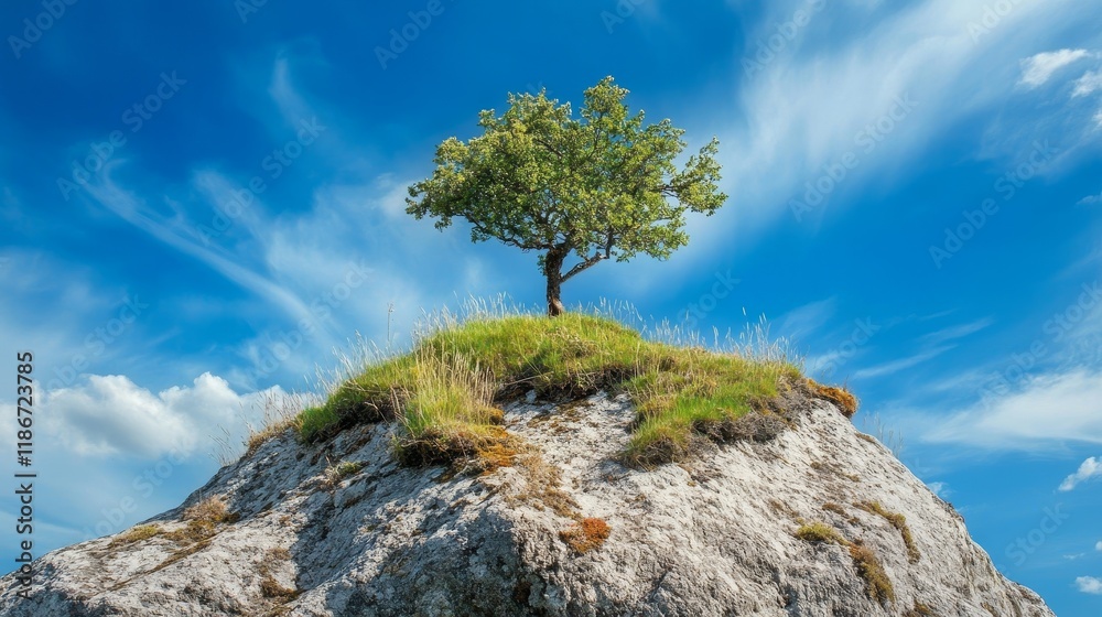 Trees and grass thrive on the rock, creating a stunning nature wallpaper. This rock set against a bright blue sky showcases beauty in fine sunny weather, offering a unique view from below. Trees and grass thrive on the rock, creating a stunning nature wallpaper. This rock set against a bright blue sky showcases beauty in fine sunny weather, offering a unique view from below.