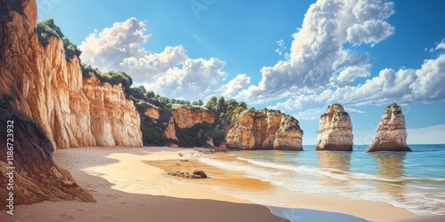 Serene coastal scene at a beautiful beach, featuring the stunning Praia Dona Ana, known for its golden sands and picturesque cliffs, making it an ideal spot for relaxation and exploration. photo