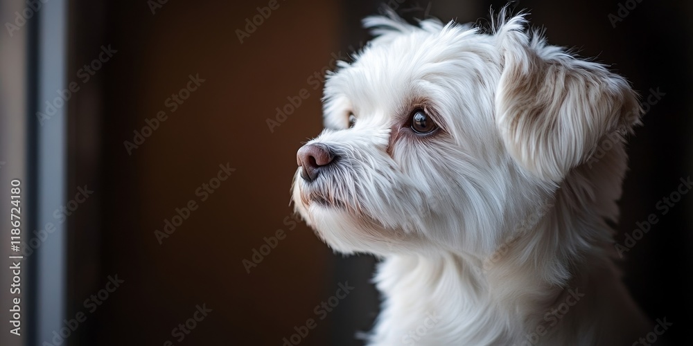 Adorable and cute white domestic dog gazes thoughtfully in one direction, displaying a pensive expression, as if contemplating something intriguing. The cute white domestic dog captivates with its Adorable and cute white domestic dog gazes thoughtfully in one direction, displaying a pensive expression, as if contemplating something intriguing. The cute white domestic dog captivates with its