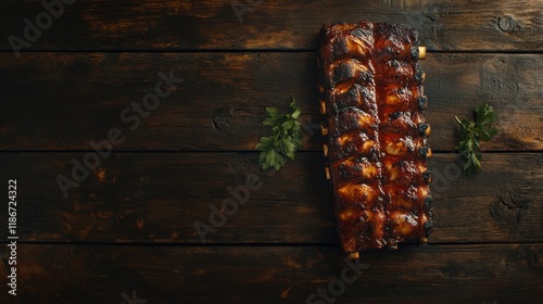 meat ribs piece grilled BBQ spice sauce second course snack ready to eat on the table meal top view copy space for text food background rustic photo