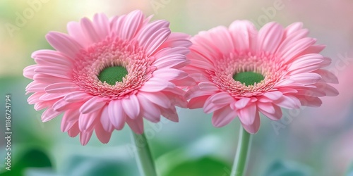 Stunning twin gerbera flowers featuring vibrant pink hues. These exquisite gerbera daisies, also known as Barberton daisies, showcase beautiful light pink shades against a soft blurred backdrop.