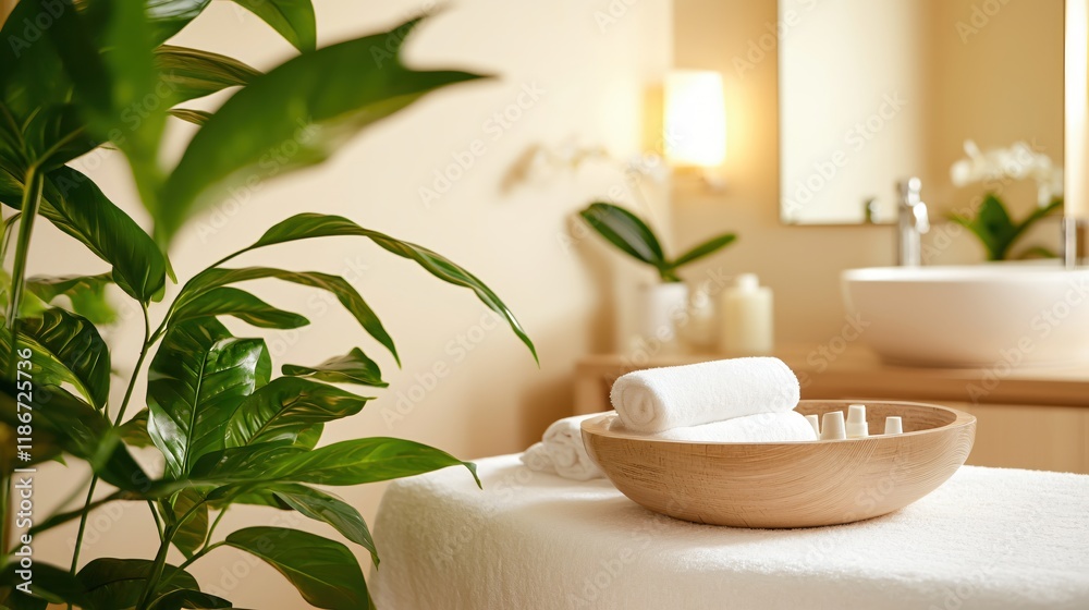 Serene Spa Setting Soft Towels and Plants Peaceful Relaxation Wellness Treatment Serene Spa Setting Soft Towels and Plants Peaceful Relaxation Wellness Treatment