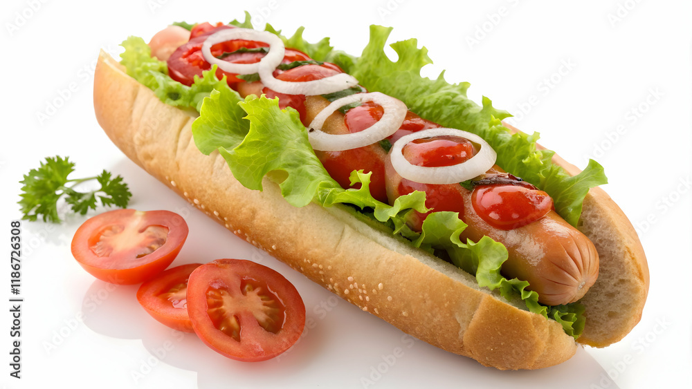 Hot Dog with Fresh Vegetables and Ketchup Hot Dog with Fresh Vegetables and Ketchup