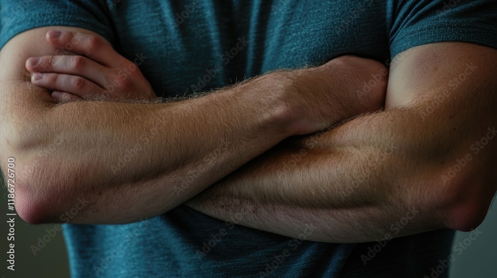 Fototapeta premium A close-up of a person with their arms crossed, looking serious or defensive