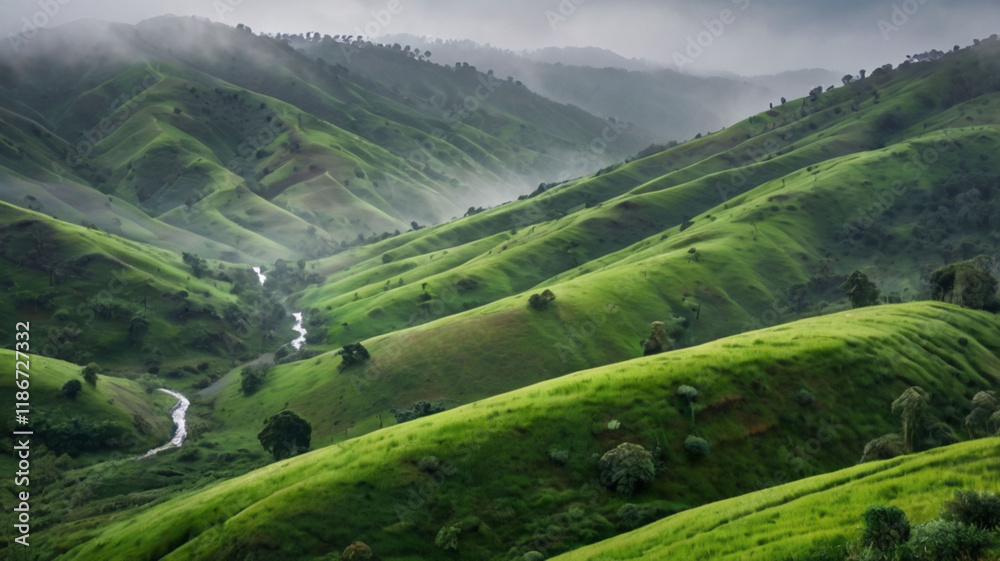 Fototapeta premium hills under a soft drizzle, with rainwater forming rivulets that cascade down ai