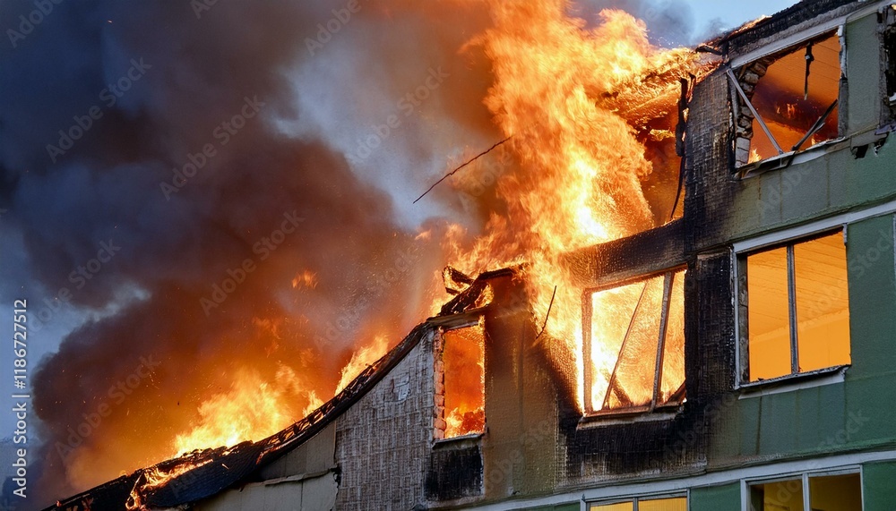 A building on the verge of collapse after a fire breaks out, with flames rising from gaps in the walls and debris falling.