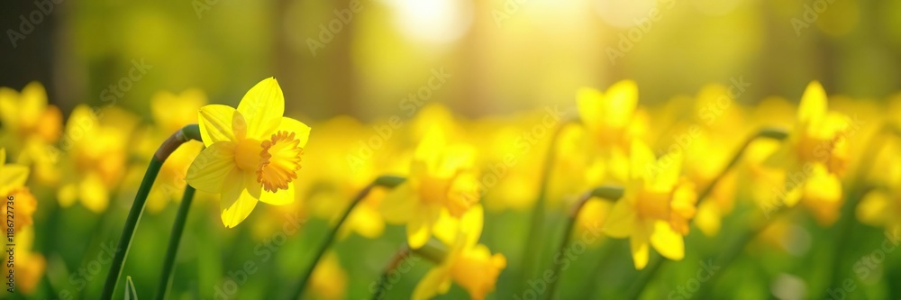 Sunshine bright yellow daffodils swaying gently in a field, sunshine yellow, fields Sunshine bright yellow daffodils swaying gently in a field, sunshine yellow, fields