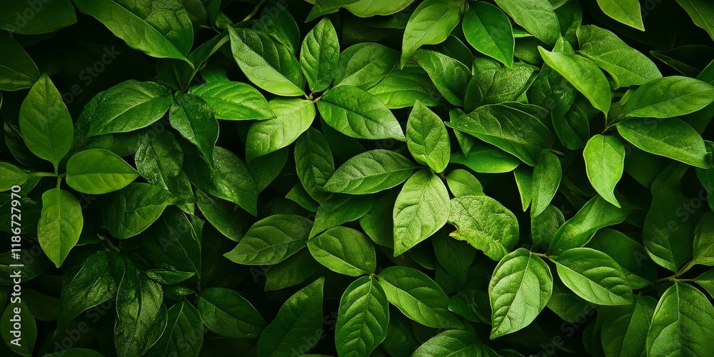A detailed view of lush green leaves found within the forest. These vibrant green leaves highlight the beauty of the forests flourishing natural environment.