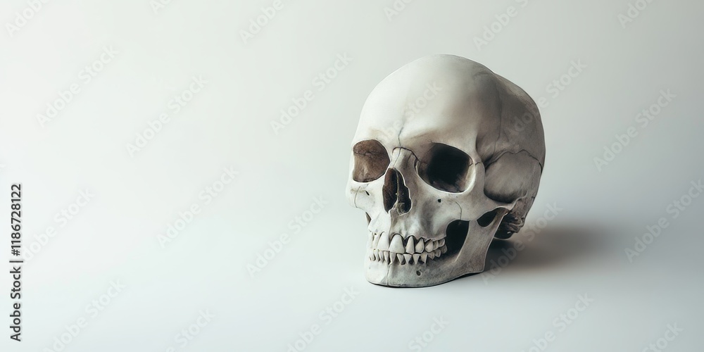 A human skull stands alone against a white backdrop, clearly visible and distinct in its isolation. The human skull is presented in stark contrast to the blank white surface. A human skull stands alone against a white backdrop, clearly visible and distinct in its isolation. The human skull is presented in stark contrast to the blank white surface.