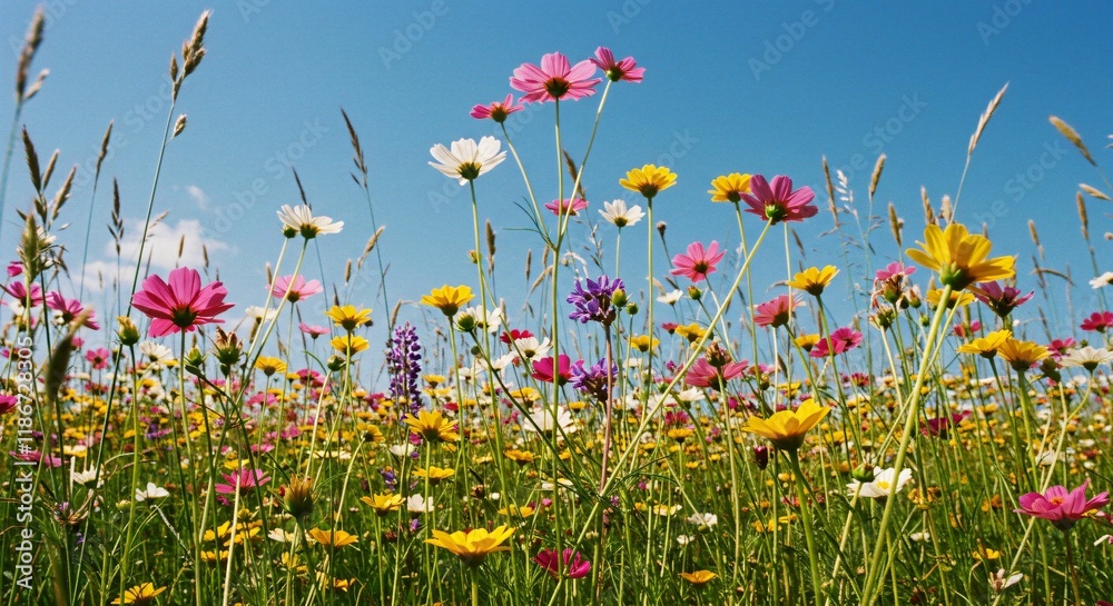 Vibrant Wildflowers Blooming Under a Clear Blue Sky in a Sunny Meadow Vibrant Wildflowers Blooming Under a Clear Blue Sky in a Sunny Meadow