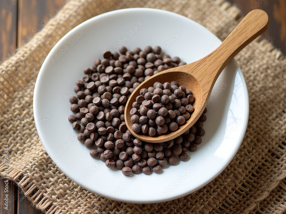 Chia Seeds On A White Porcelain Plate With A Cooking Wooden Spoon In A Cut Heart Shape Against A Rustic Burlap Backdrop. 00003 Chia Seeds On A White Porcelain Plate With A Cooking Wooden Spoon In A Cut Heart Shape Against A Rustic Burlap Backdrop. 00003