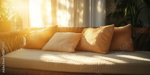 Sunlight illuminating pillows on a day bed creates a cozy atmosphere, enhancing the comfort of the day bed and inviting relaxation with the soft pillows in the warm light. photo