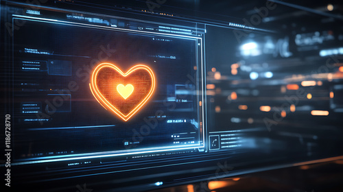 A digital screen displaying a glowing heart-shaped notification icon, with a futuristic interface in the background. 
