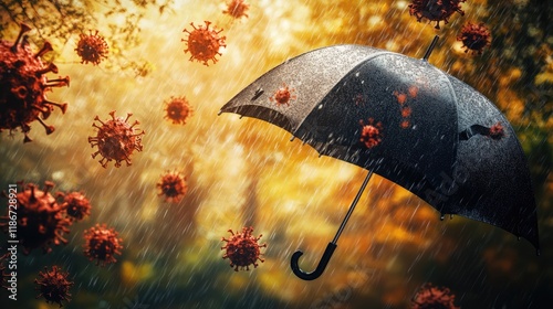 Virus rain falling on a protective umbrella, [pandemic protection, symbolic art], a hopeful concept of shielding against viral threats photo