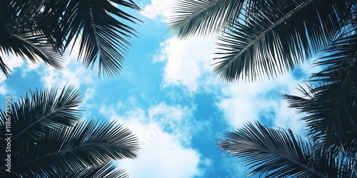 The beautiful silhouette of coconut leaves contrasts elegantly with the cloudy blue sky above, creating a stunning visual of nature s beauty with coconut leaves as the focal point. photo