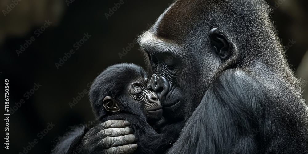 Obraz premium Baby western lowland gorilla nursing with tenderness, showcasing the intimate bond between the baby western lowland gorilla and its caregiver in a natural setting.