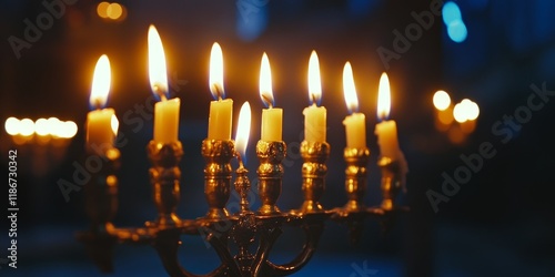 Lit candles for the night of Hanukkah create a warm glow in the menorah, symbolizing the holiday s joy and tradition. The scene captures the essence of the celebration with burning candles. photo