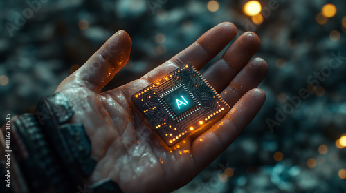 New Generation of AI: Closeup of a Hand Working with a Computer Chip photo